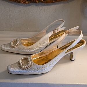 Pierre Dumas White Slingback Heels with Pearl Buckle